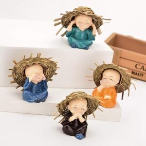 ELITEWAVE Set of 4 Baby Hat Monk Buddha Idols Showpiece for Car Dashboard/Home Décor Decoration & Gifting Purpose